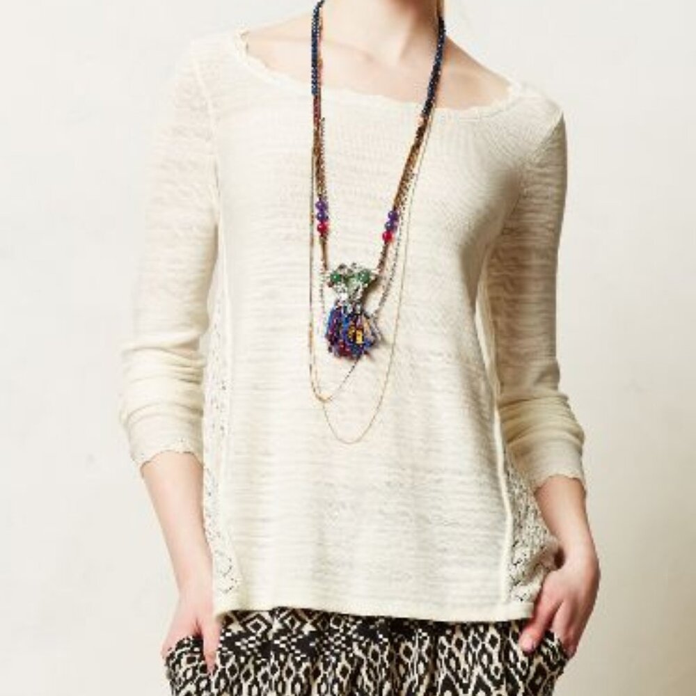 ANTHROPOLOGIE Godet Swing Sweater Top Ivory Crochet Lace Details
